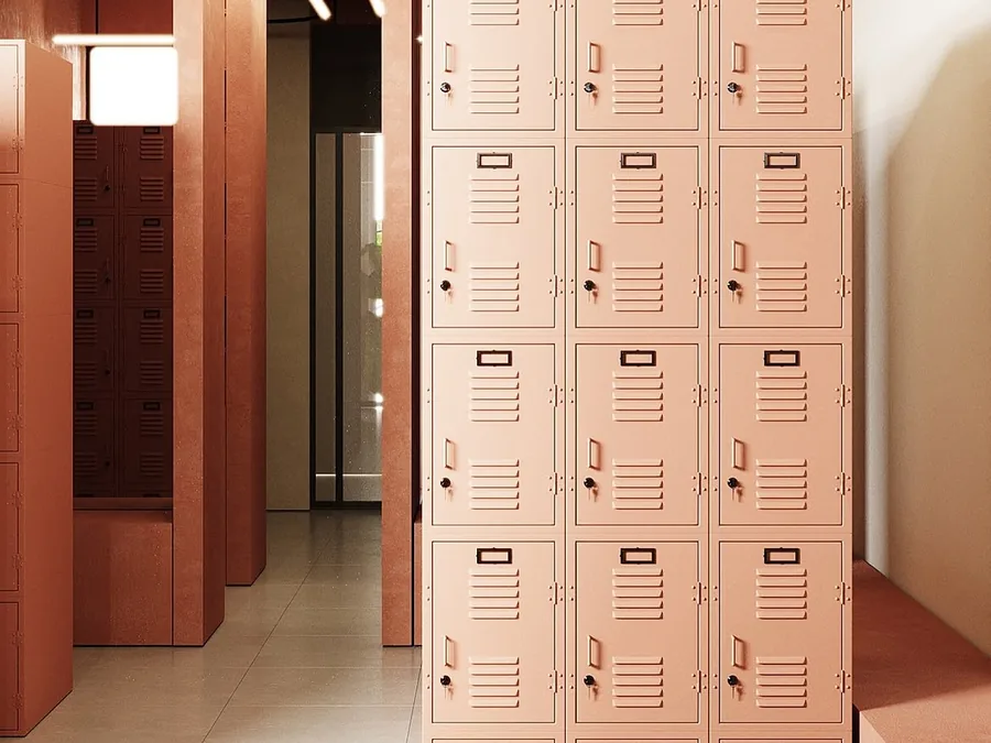 Locker room in soft terracotta and sand tones