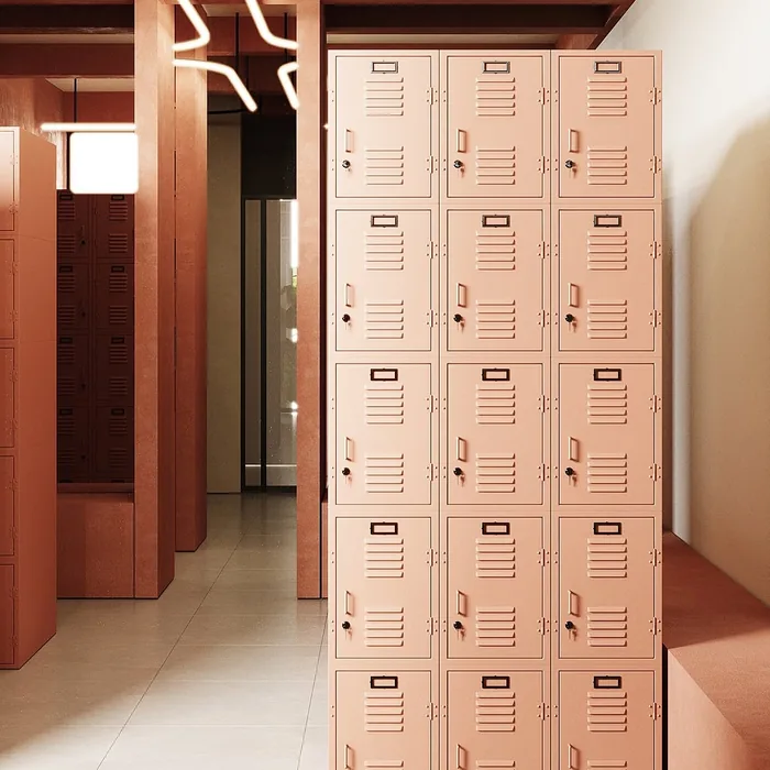Locker room detail in sand and terracotta